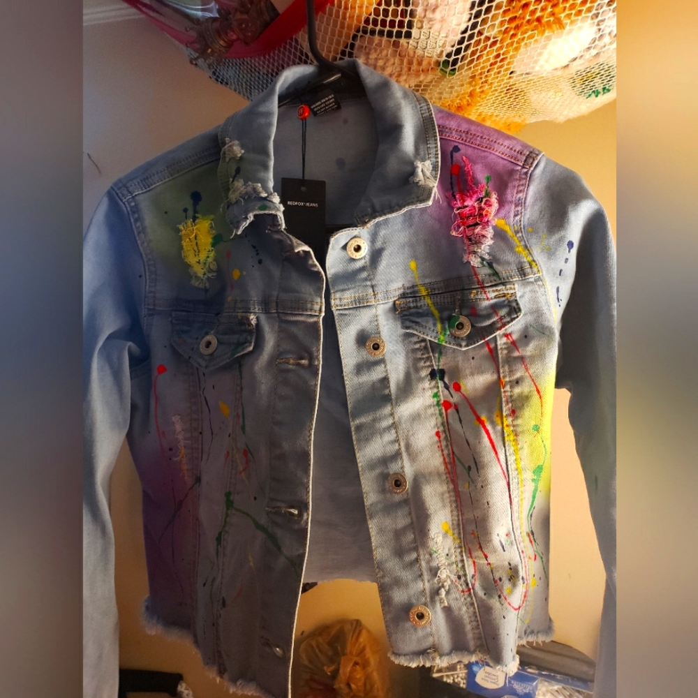 Distressed jean jacket neon splash